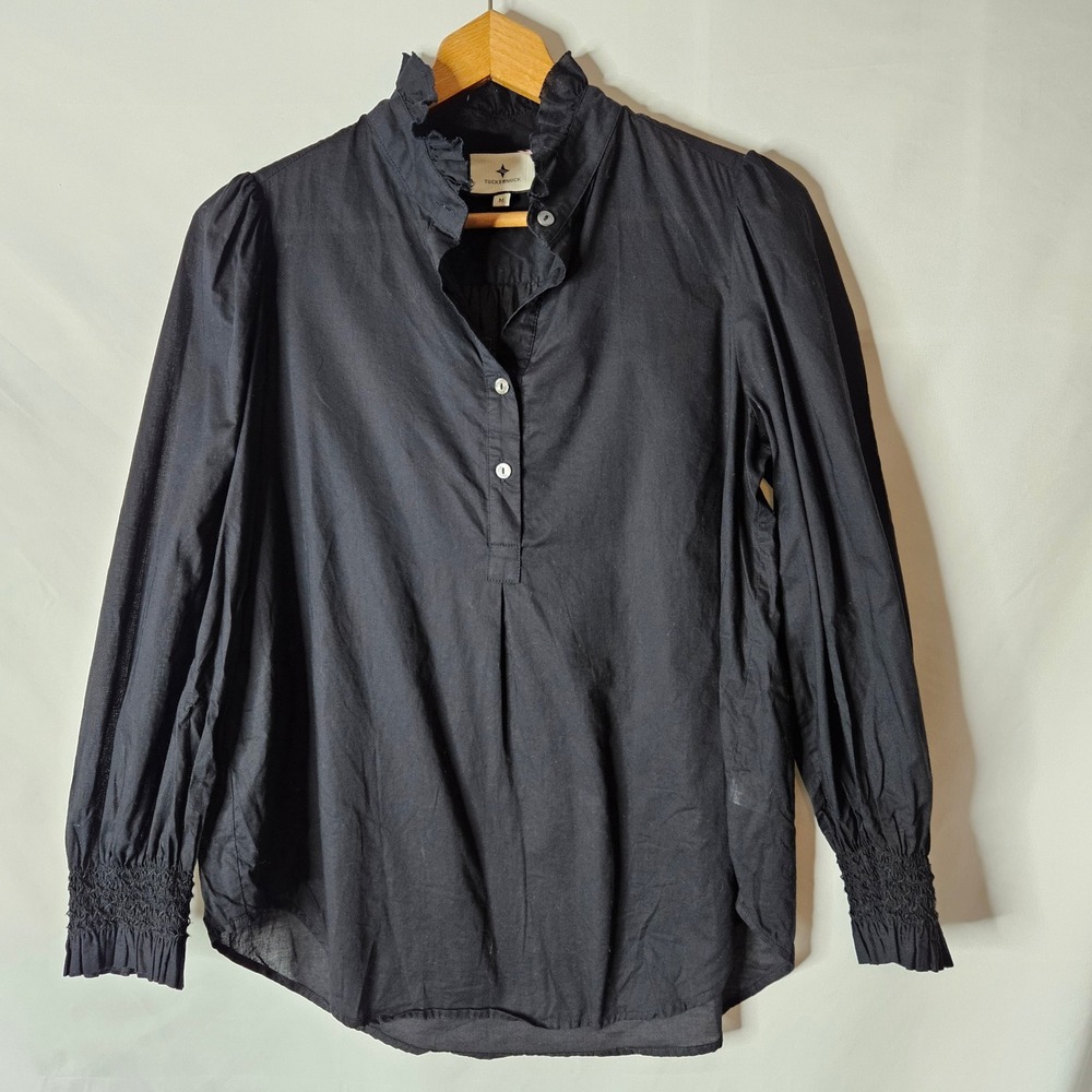 Tuckernuck Pop Over Smocked Cuff Black Blouse sz M